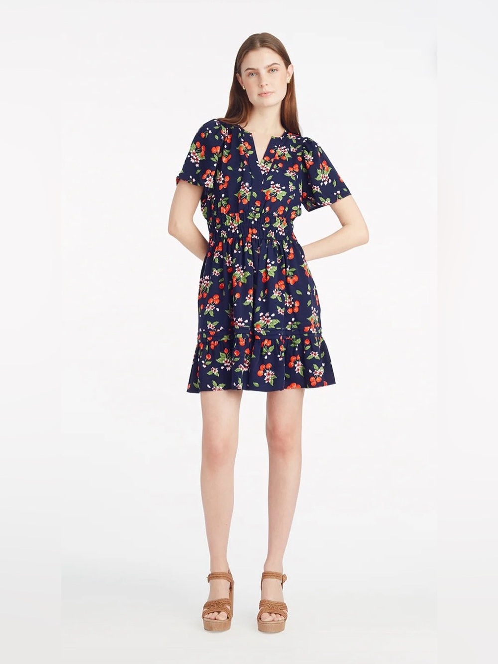 Draper James Navy Cherry-Print Short-Sleeve Mini Dress